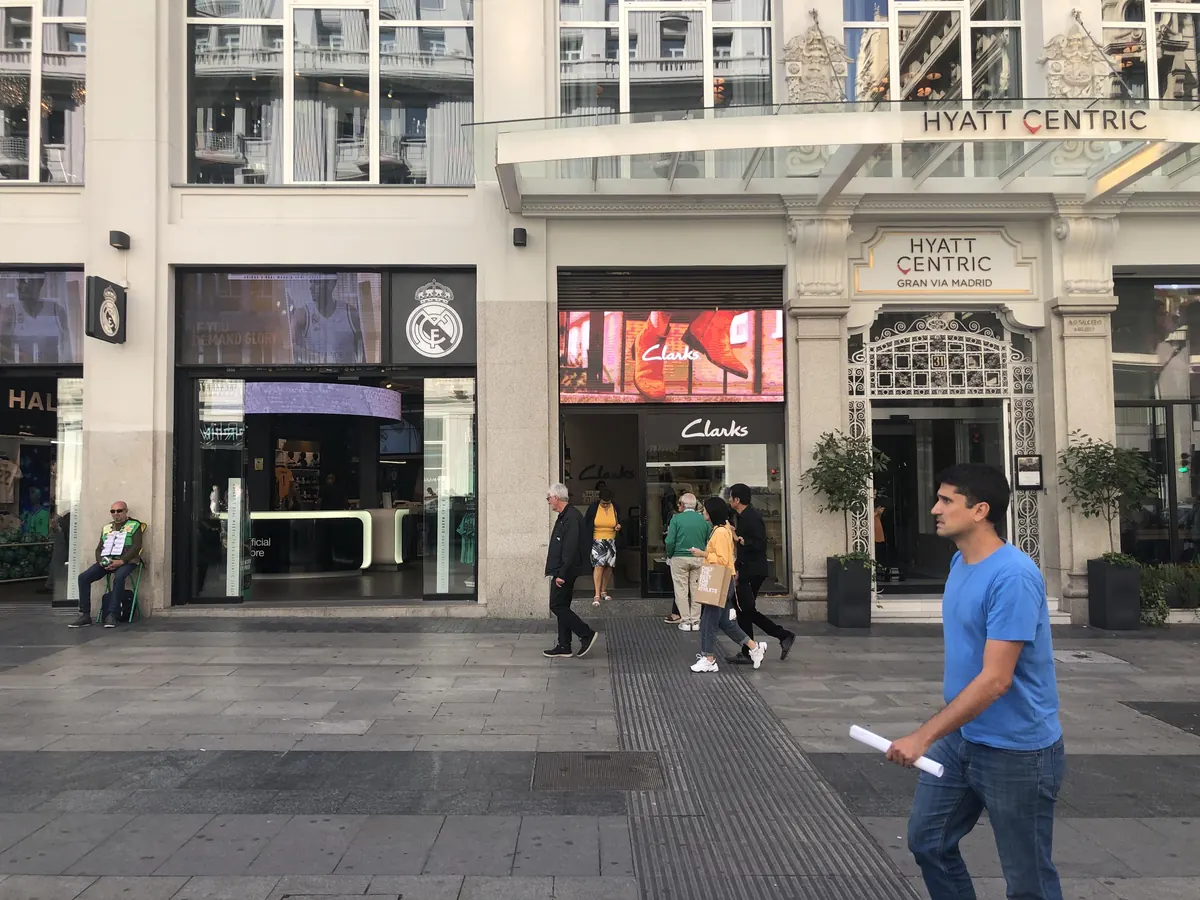 LED screen in the window of a Clarks shop in Madrid