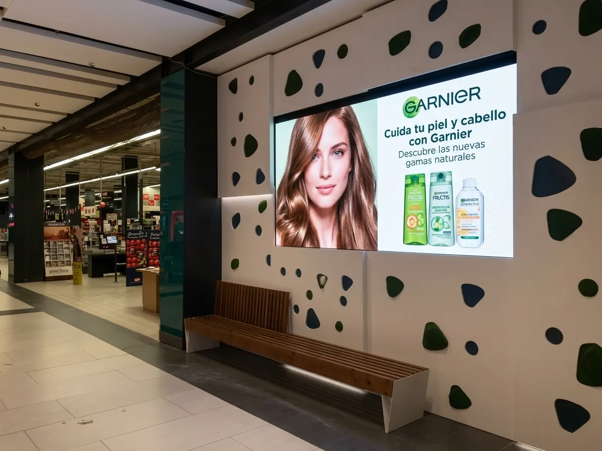 LED screen on the wall of an Eroski supermarket in Málaga