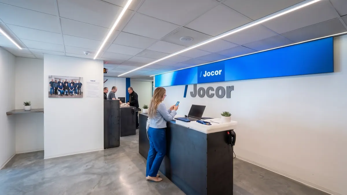 LED screen behind the reception desk at Jocor in Andorra