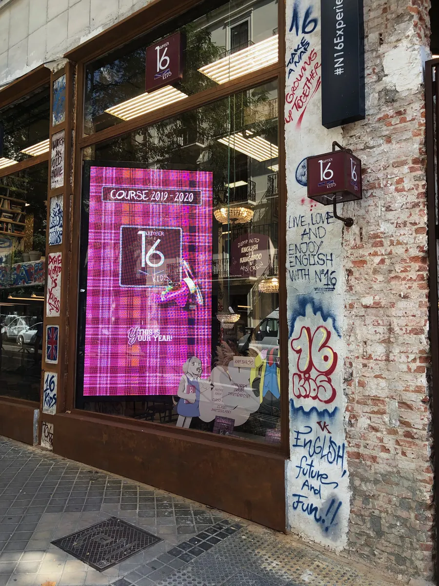 Vertical LED screen in the Number 16 shop window in Madrid