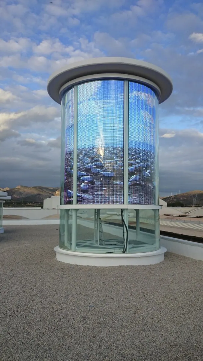 360-degree cylindrical LED screen on the Crespania rooftop in Vila-real